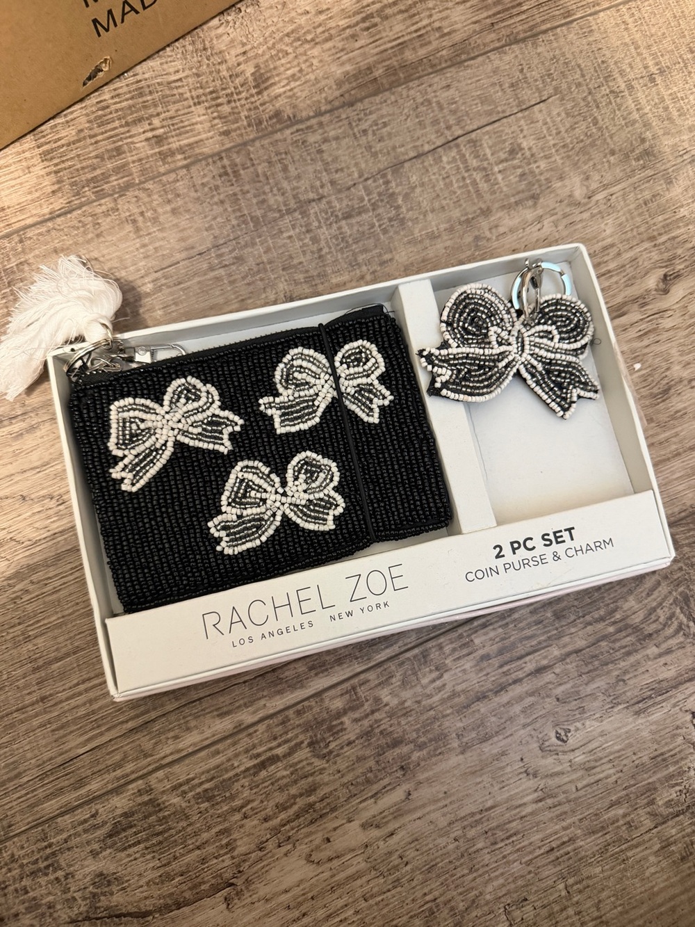 Rachel Zoe Black Beaded Coin Purse & Bow Charm Set